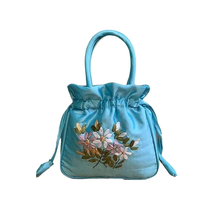 Small Embroidered Flower Bucket Bag | Women's Top Handle Drawstring Purse