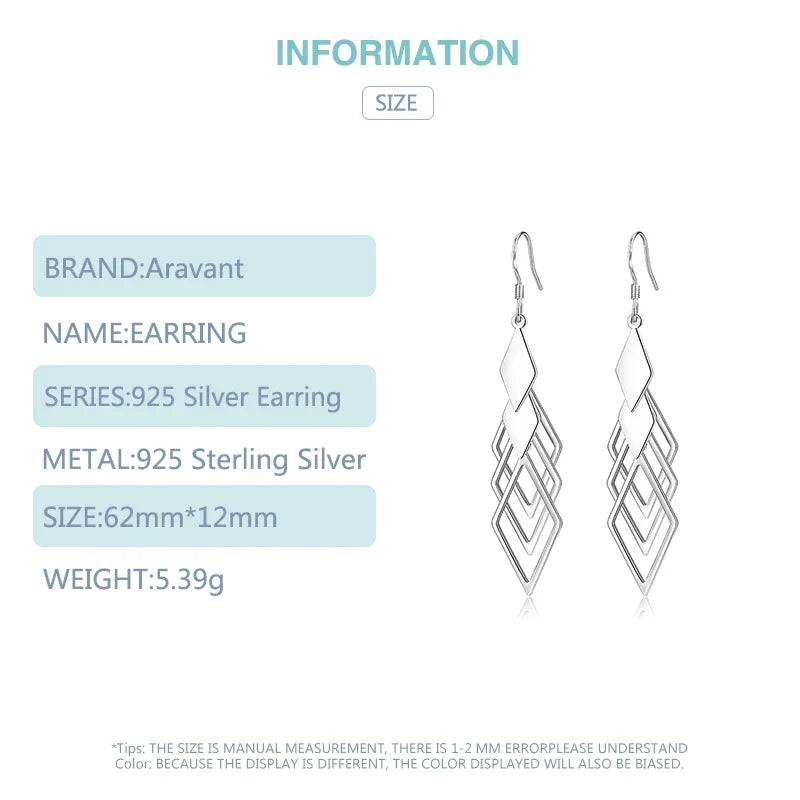 Aravant 925 Silver Hollow Geometric Long Drop Earrings For Women Fashion Jewelry