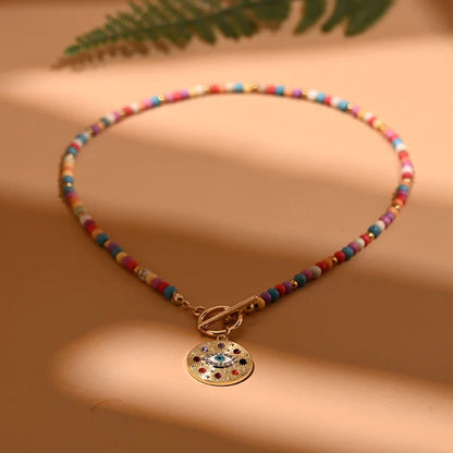 4mm Colorful Stone Choker Necklace for Women | Round Evil Charm Pendant