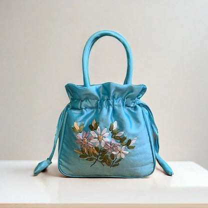 Small Embroidered Flower Bucket Bag | Women's Top Handle Drawstring Purse