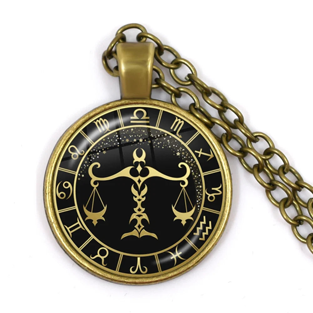 12 Constellation Zodiac Pendant Necklace | Antique Bronze Glass Dome Jewelry