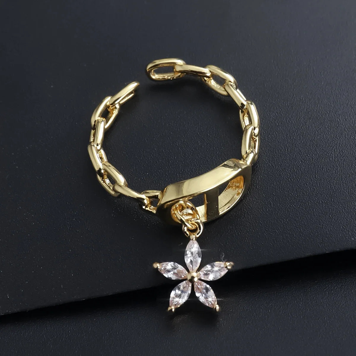 Fashionable Starry Full Drill Chain Pendant Ring for Women Versatile Luxury Design Ring Finger Accessory Copper Material