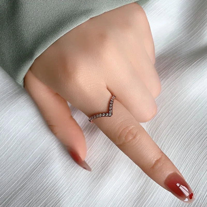 2mm Thin V Shape Pave CZ Stackable Ring Stainless Steel Wedding Band for Women Girl Size 5-10