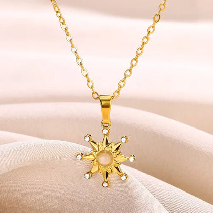 Stainless Steel Sun Sunflower Pendant Necklace For Women Gold Color Round Charm Clavicle Chain Necklaces Fashion Jewelry Gift