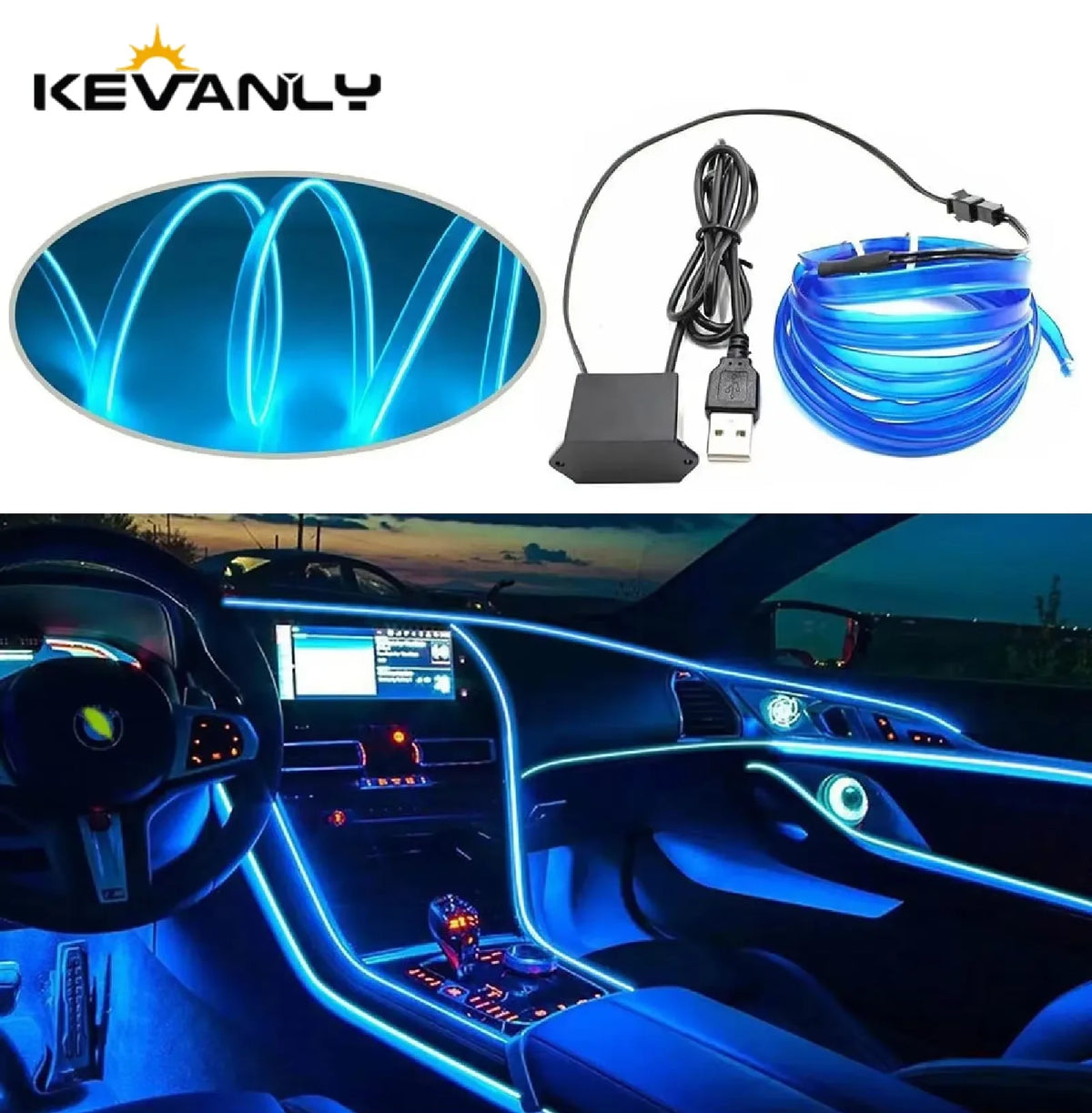 3M USB Blue LED Car Interior Atmosphere Light Strip | Flexible EL Cool Neon Light for DIY Automotive