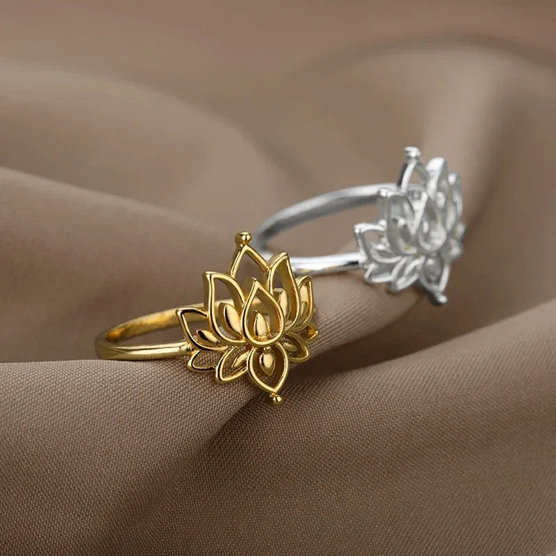 Lotus Flower Rings For Women Stainless Steel Gold Color Hollow Out Ring Fashion Wedding Party Aesthetic Jewelry Gift anillos