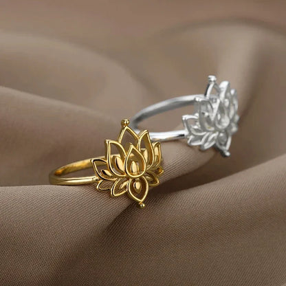 Lotus Flower Rings For Women Stainless Steel Gold Color Hollow Out Ring Fashion Wedding Party Aesthetic Jewelry Gift anillos