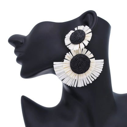 Black And White Raffia Fan Dangle Earrings | Bohemian Tribal Handmade Jewelry
