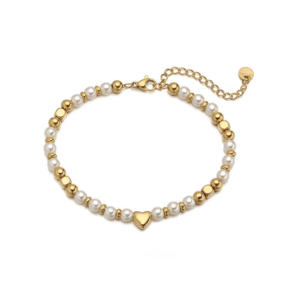 NEWBUY 2025 Trendy Gold Color Non-Fading Stainless Steel Beads Pearl Heart Bracelet For Women Daily Jewelry Accessories