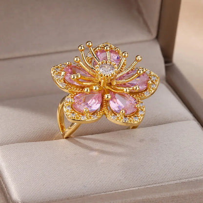 Pink Zircon Flower Rings for Women Gold Color Stainless Steel Ring 2025 Trend Elegant Floral Luxury Aesthetic Jewelry anillos