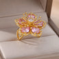 Pink Zircon Flower Rings for Women Gold Color Stainless Steel Ring 2025 Trend Elegant Floral Luxury Aesthetic Jewelry anillos