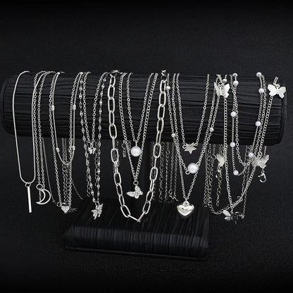 13Pcs/Set Simple Temperament Necklace Set Butterfly Pearl Heart Star Zircon Silver Color Necklace for Women Fashion Jewelry Gift