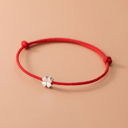 S925 Sterling Silver Flowers Red Rope Clover Adjustable Bracelet For Women Fine Jewelry Minimalist Accessories