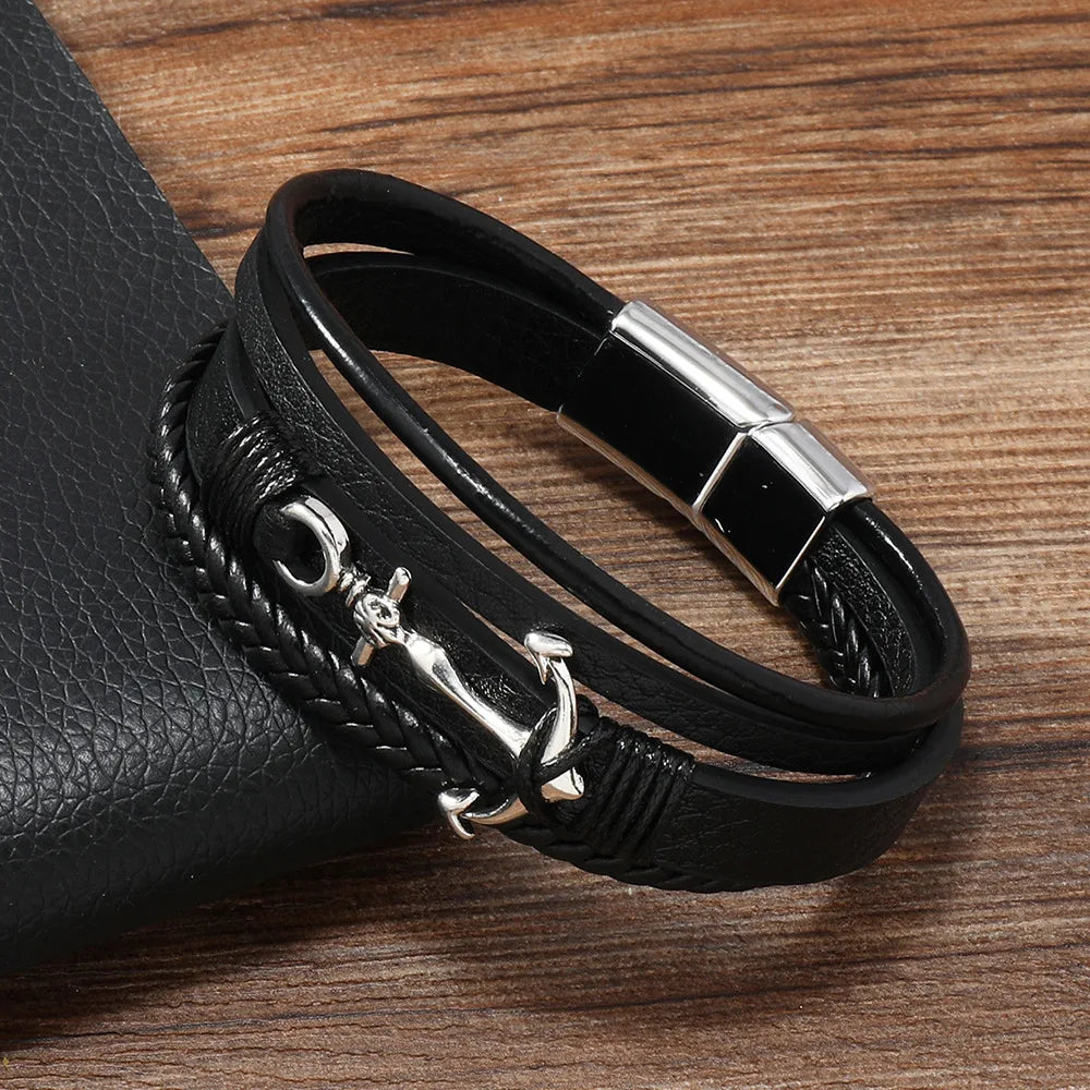 Leather Bracelet For Men Alloy Anchor Leather Bracelet Simple Style, Multi-layer Hand-made Leather Men's Magnet Buckle