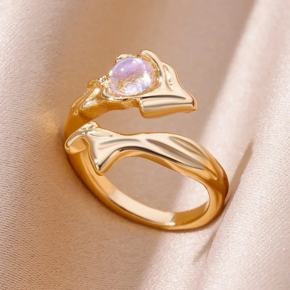 Stainless Steel Rings For Women Gold Color Fashion Heart Zircon Opening Ring Female Finger Wedding Party Jewelry Gift