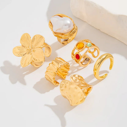 6pcs/Set Vintage Metal Flower Ring Set for Women Punk Elegant Baroque Faux Pearl Knuckle Rings Daily Wear Party Holiday Gifts