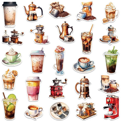 Coffee Lover Cartoon Sticker Pack | 50 Waterproof Decals for Laptop Helmet