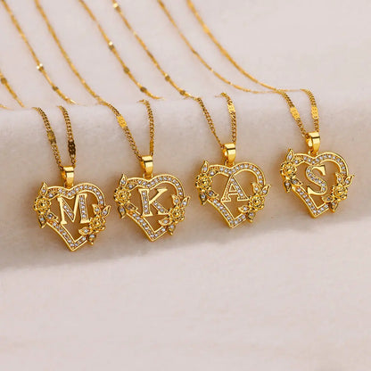 Zircon Flower Initials Necklaces For Women Stainless Steel Heart Gold Color Letter Chain Collar 2025 New Trend Wedding Jewelry
