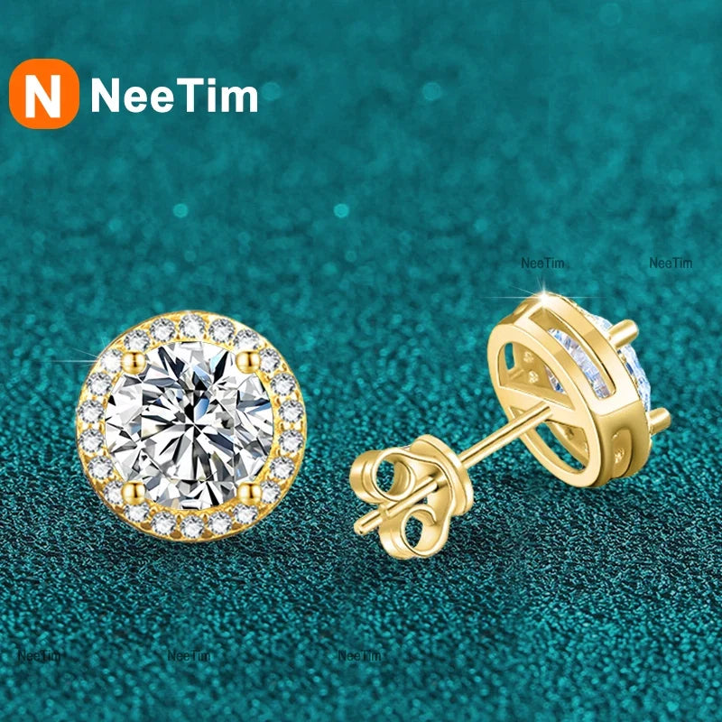 NeeTim 0.5ct 1ct 2ct Moissanite Stud Earrings For Women Party Bridal S925 Sterling Silver with Gold Plated Lab Diamond Earring