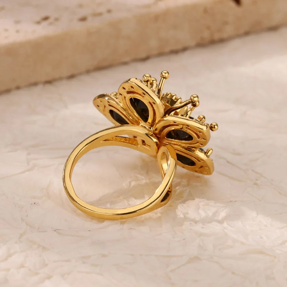 Luxury Colorful Zircon Flower Rings For Women Gold Color Stainless Steel Opening Ring Fashion Wedding Party Aesthetic Jewelry