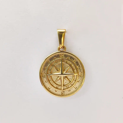 18K Gold Plated Stainless Steel Compass Pendant Necklace - Round Coin Design for Men & Women, Waterproof Unisex Jewelry Gift