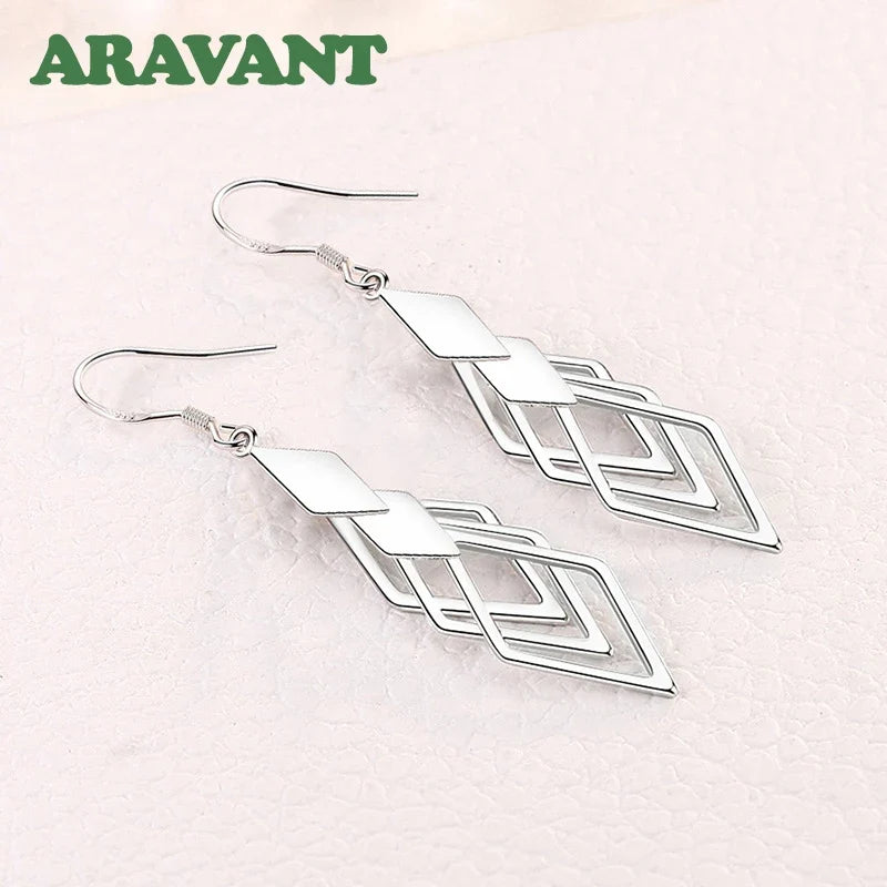 Aravant 925 Silver Hollow Geometric Long Drop Earrings For Women Fashion Jewelry