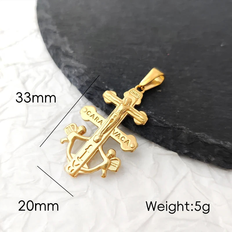Caravaca De La Cruz Crucifix Pendant Christian Angels and Christ in Relief Stainless Steel Caravaca Cross Charms DIY Accessories