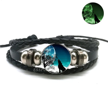 Glow In The Dark Wolf Head Bracelet Multilayer Leather Bracelet Charm Women Men Fashion Luminous Bracelets Wolf Jewelry