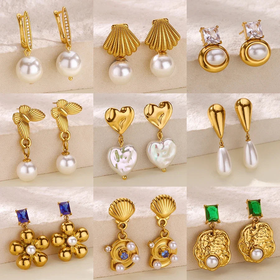 Elegant Imitation Pearl Earrings for Women Stainless Steel Heart Butterfly Shell Drop Earrings Luxury Aesthetic Jewelry Gift