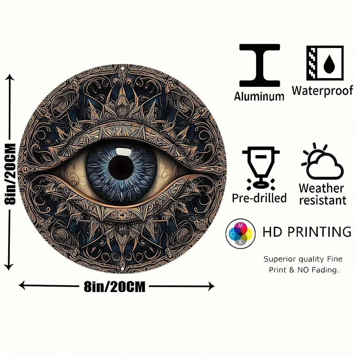 Evil Eye 8x8" Round Aluminum Wall Art - Versatile Home Decor for Living Room, Bathroom & More