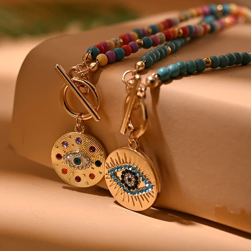 4mm Colorful Stone Choker Necklace for Women | Round Evil Charm Pendant