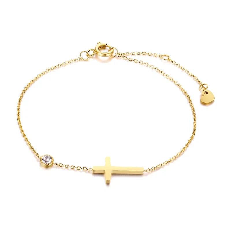 Birthstone Zirconia Thin Chain Link Cross Bracelet Stainless Steel Women's Adjustable Link Stacked Layered Chain Bracelets