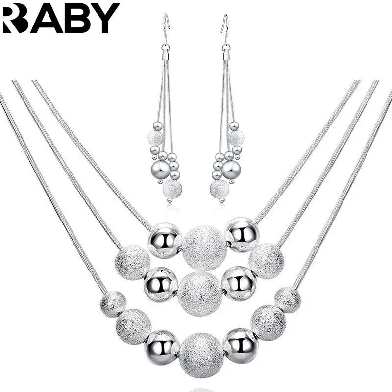 URBABY 925 Sterling Silver 18-inch Frosted Beads Pendant Earrings Necklace for Woman Fashion Jewelry Set Wedding Gift