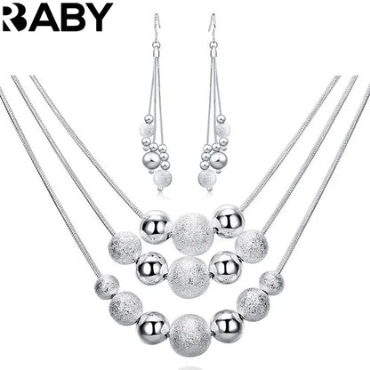 URBABY 925 Sterling Silver 18-inch Frosted Beads Pendant Earrings Necklace for Woman Fashion Jewelry Set Wedding Gift