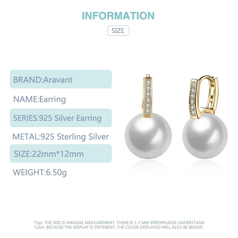 Aravant 925 Silver 18K Gold 12mm Pearl Drop Earrings For Women Wedding Fashion Jewelry