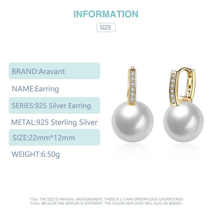 Aravant 925 Silver 18K Gold 12mm Pearl Drop Earrings For Women Wedding Fashion Jewelry