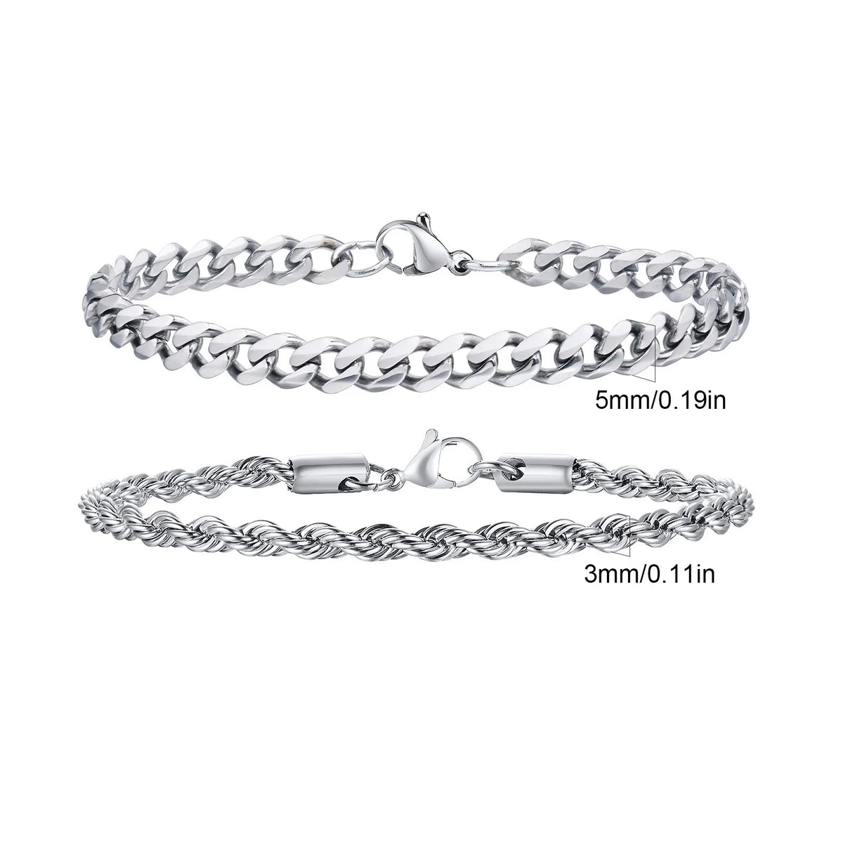 Men's Stainless Steel Chain Bracelets Set | 2pcs Silver Gold Black Twist Rope & Cuban Link