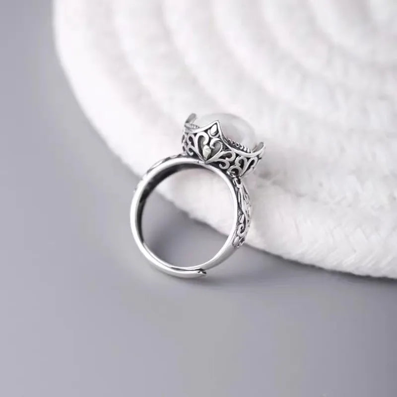 925 Sterling Silver Hollowed Pearl Adjustable Rings For Women Wedding Luxury Accessories  Dropshipping