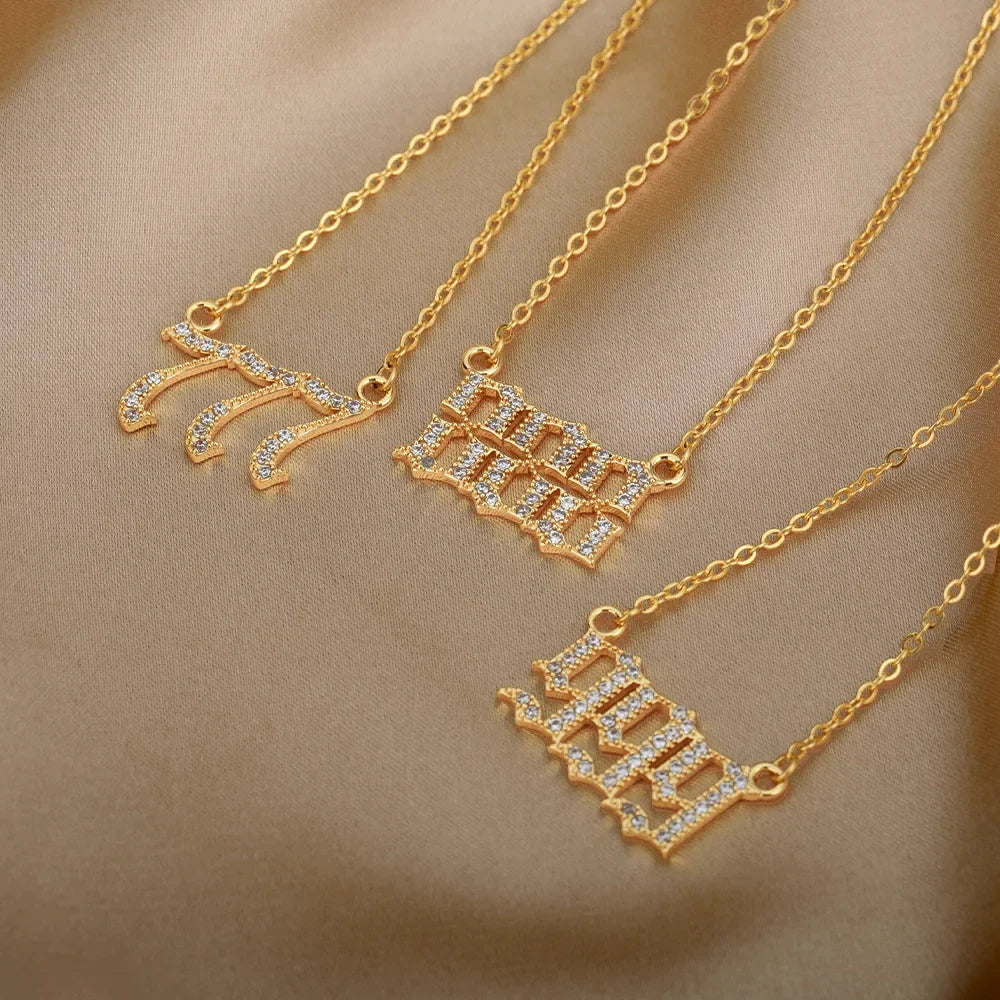 111 222 333 444 555 666 777 888 999 Necklaces For Women Gold Color Stainless Steel Zircon Angel Number Pendant Necklace Jewelry