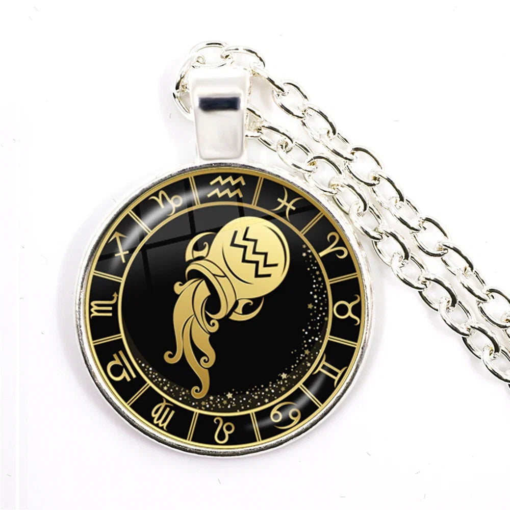 12 Constellation Zodiac Pendant Necklace | Antique Bronze Glass Dome Jewelry