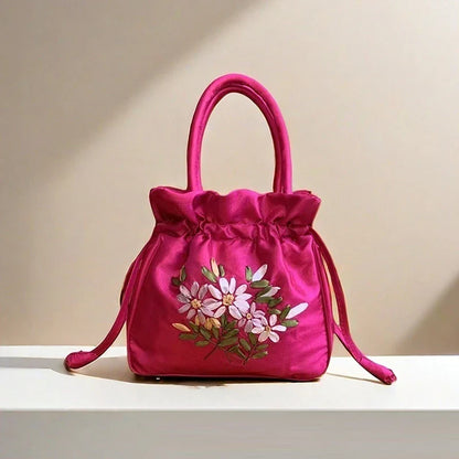 Small Embroidered Flower Bucket Bag | Women's Top Handle Drawstring Purse