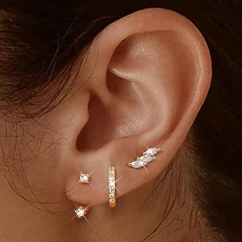 Gold Circle Hoop Earrings Set | Stainless Steel Zircon Flower Stud Jewelry