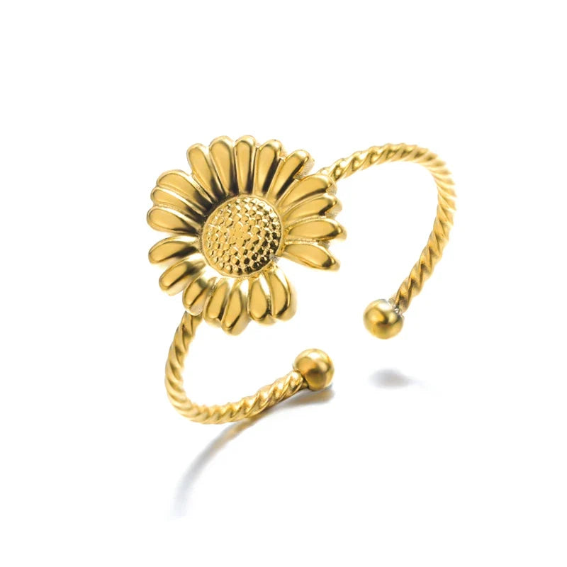 Stainless Steel Exaggerated Big Flower Rings For Women Gold Color Sunflower Finger Ring Female Fashion Aesthetic Jewelry Gift