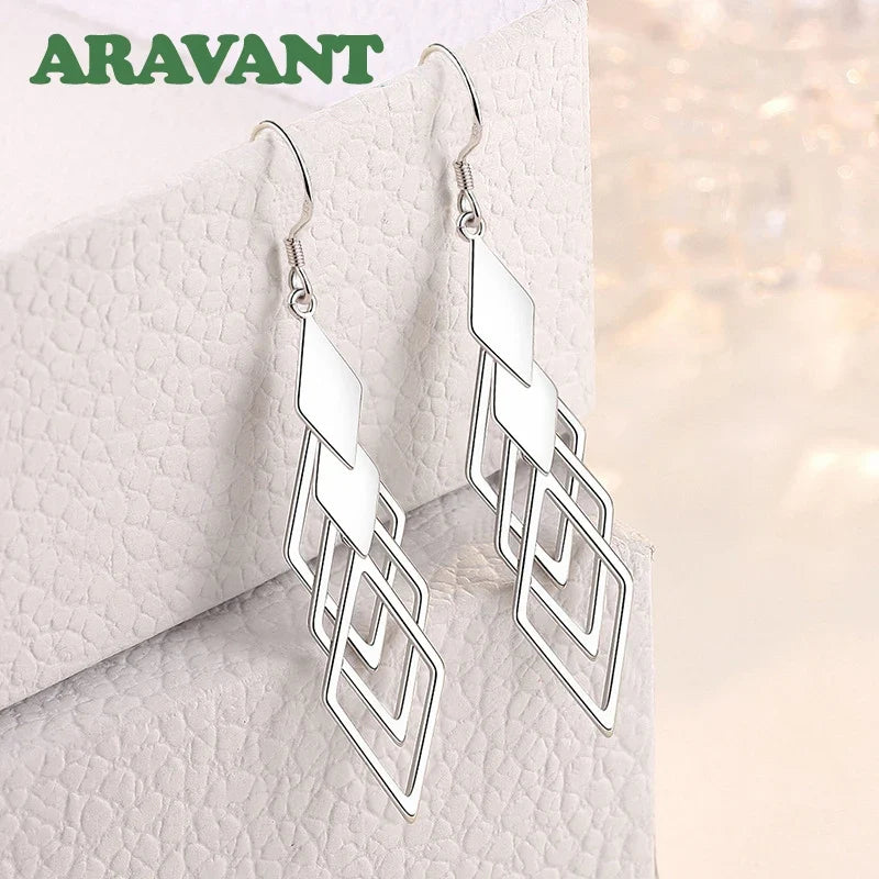 Aravant 925 Silver Hollow Geometric Long Drop Earrings For Women Fashion Jewelry