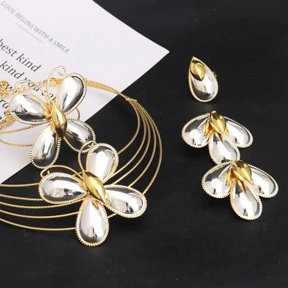 Dubai Luxury Jewellery 4PC Women's Fashion Trendy Flower Earrings Pendant Necklace Bracelet Set Gold-Plated Jewellry Party Gifts