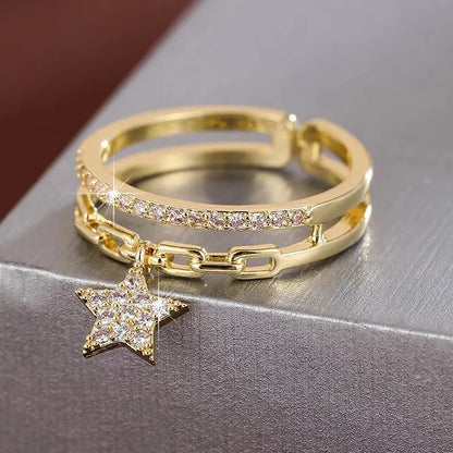 Exquisite Double-layer Design Women's Opening Ring Synthetic Zirconia Adjustable Ring with Star Pendant