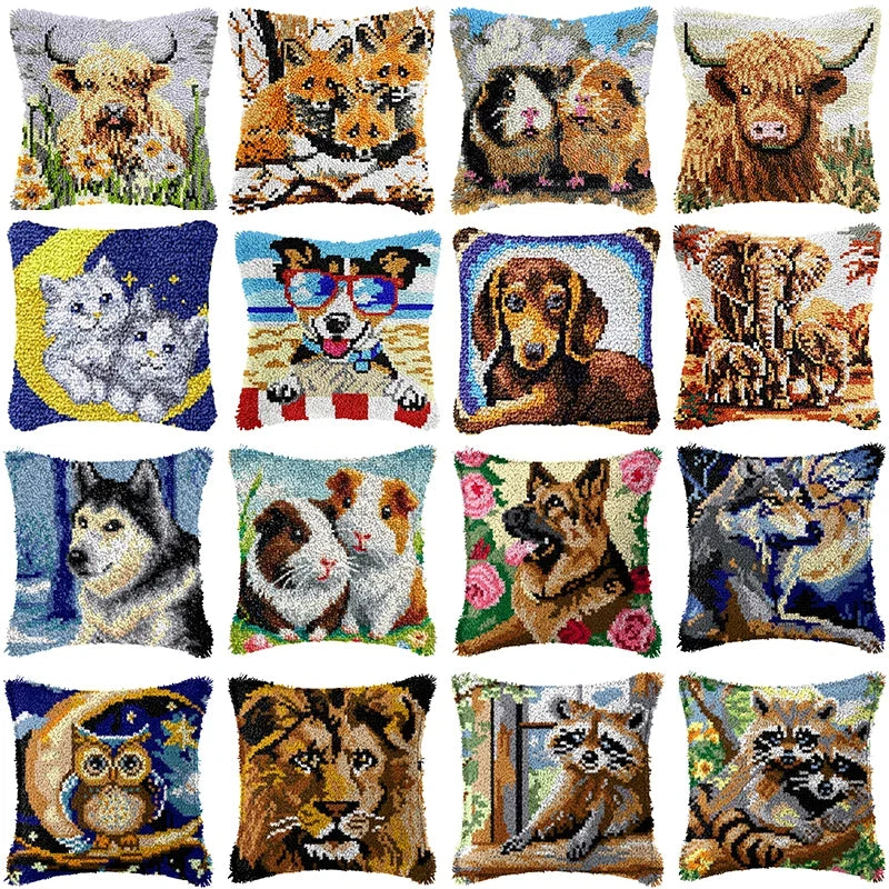 Knot Pillow Package Cartoon Animals Latch Hook Kit Cushion Pillowcase Kussen Set For Needlework Dog Raccoon Latch Hook Kits DIY