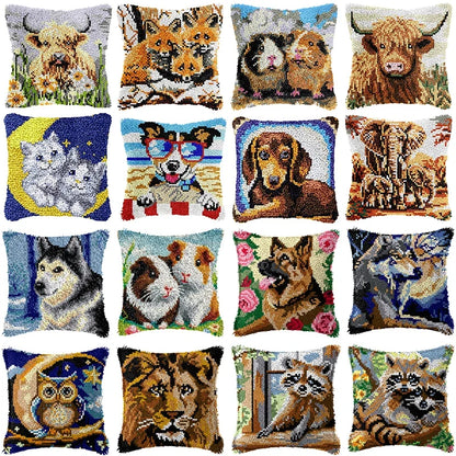 Knot Pillow Package Cartoon Animals Latch Hook Kit Cushion Pillowcase Kussen Set For Needlework Dog Raccoon Latch Hook Kits DIY