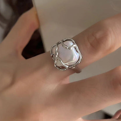 PANJBJ 925 Sterling Silver Pearl Irregular Ring | Women Shell Overlapping Hollow Sweet Design Jewelry