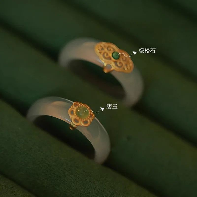 VENTFILLE S925 Sterling Silver Chalcedony Hotan Jade Ring for Woman Vintage Turquoise Jewelry Accessories Girls  Dropshipping